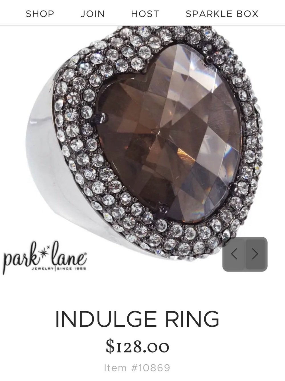 Park Lane Indulge Smoky Brown Heart Ring with Clear Crystal Halo Sz 7
